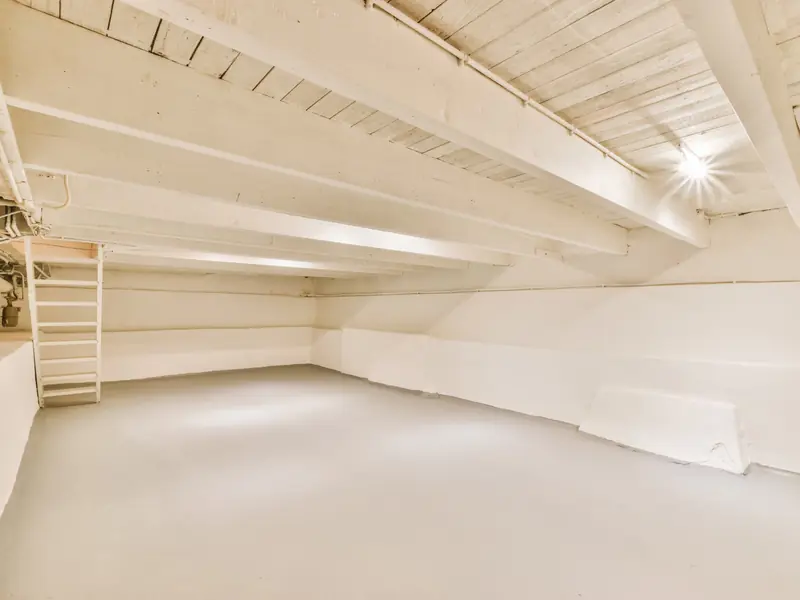 Basement ceiling joists, pipes, and conduit sprayed white with walls and floor painted to match