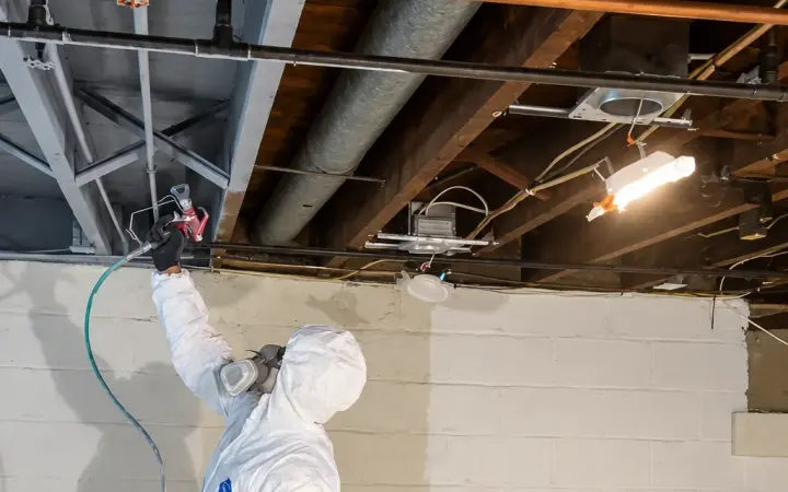 Monarch painter in a protective suit spraying a basement ceiling with an airless sprayer in Washington Township
