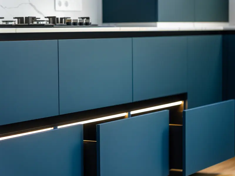Matte navy lower cabinets with under-cabinet lighting in a Washington Township kitchen