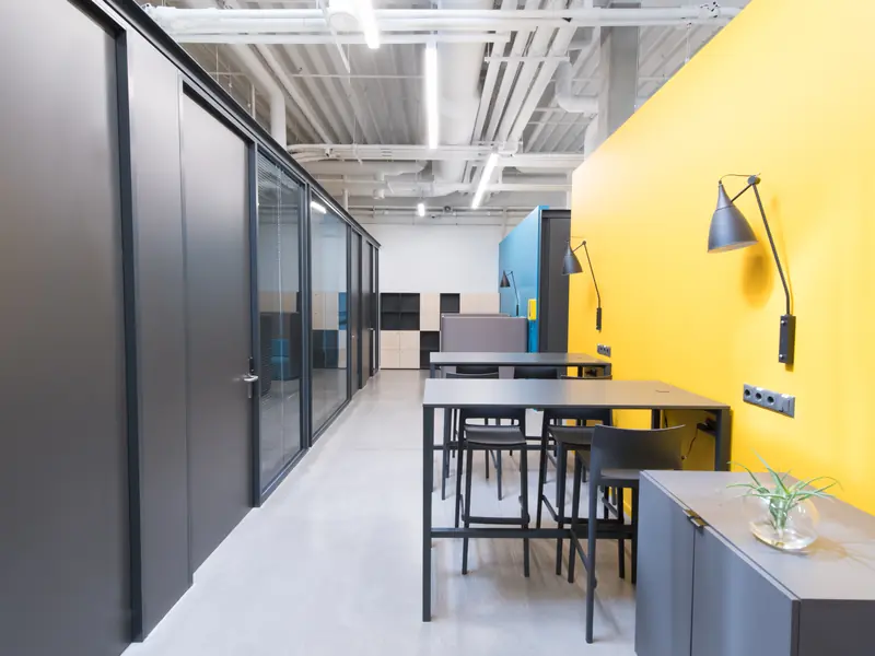Office hallway with freshly painted walls and modern fixtures