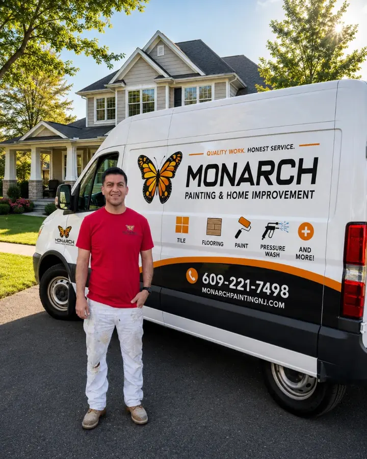 Jorge Rios in a red Monarch shirt standing beside the lettered Monarch Painting van in a driveway